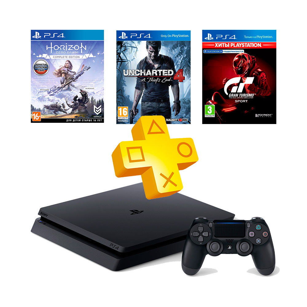 Купить Sony PlayStation 4 Slim (500ГБ) + Uncharted 4 + Horizon Zero Dawn +  GTS + PSPlus 3мес в Минске по оптимальной цене.