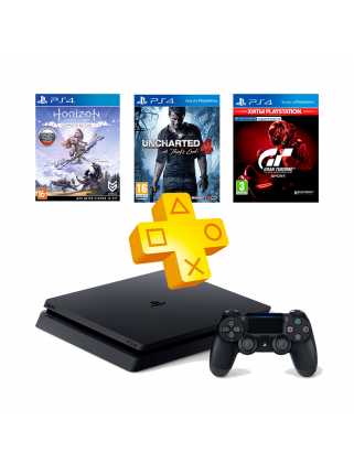 PlayStation 4 Slim 500GB + Uncharted 4 + Horizon Zero Dawn + GTS + PSPlus 3 месяца